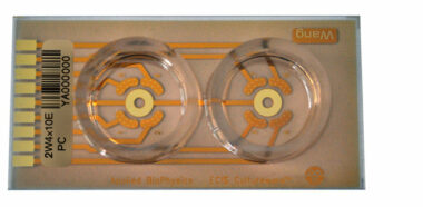 ECIS 2 well chamber with 4 independent sets of 10 circular electrodes (0.49 sqr.mm total area) per well. Lexan substrate