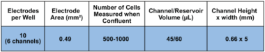 ECIS six channel flow chamber with 10 circular electrodes (0.49 sqr.mm total area) per channel. Lexan substrate. 0.66 mm channel height.