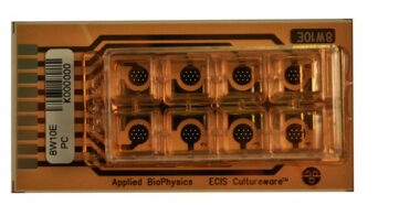 ECIS 8 well chamber with ten circular electrodes (0.49 sqr.mm ) Lexan substrate