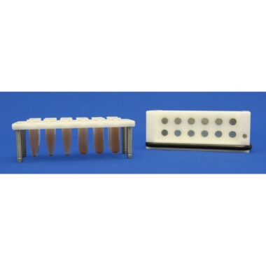 White Delrin Twelve Tube Magnetic Separation Rack for 0.5, 1.5  and 2.0 ml Microcentrifuge Tubes, with 12 NdFeB Magnets 6.35 mm in Diameter, Pellets located high and low in the Tubes, Flick and Blot