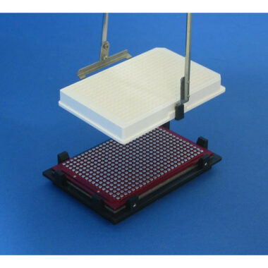 Magnetic Separation Plate for 384 Well Microplates, flat bottom wells only, 425 Magnetic (52 MGO) Cylinders, includes Microplate Registration Base, Plate Handler Compatible